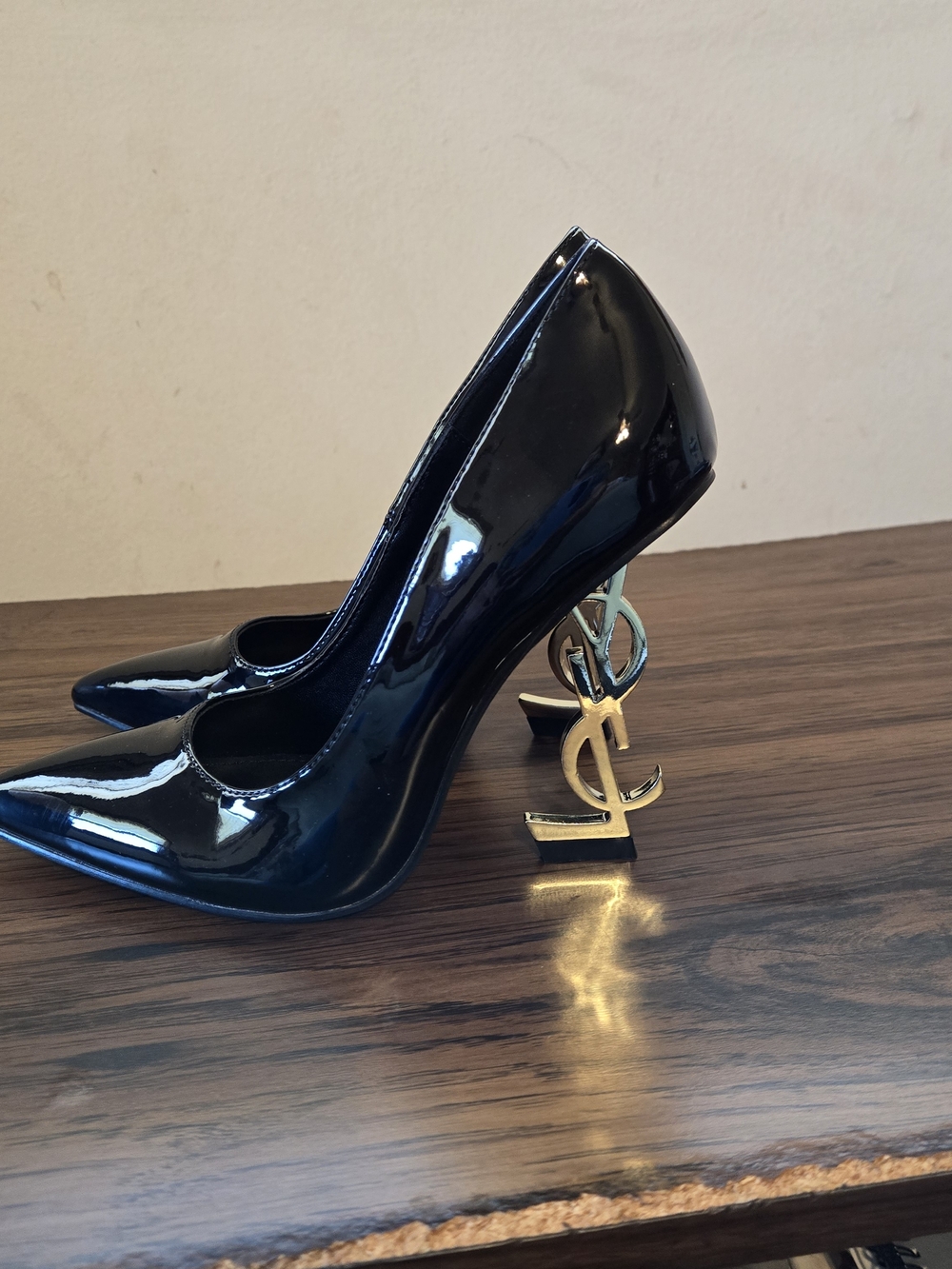 Yves Saint Laurent Black Patent Pointed-Toe Pumps with Gold Logo Heel